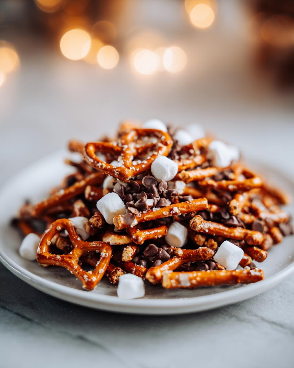 A pile of pretzels, mini marshmallows, and chocolate chips, perfect for Thanksgiving treats for kids.