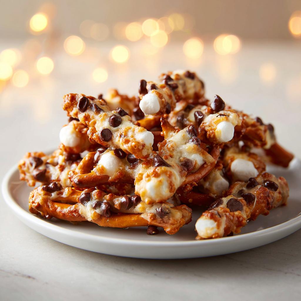 A pile of chocolate chip and mini marshmallow covered pretzels, perfect for Thanksgiving treats for kids.
