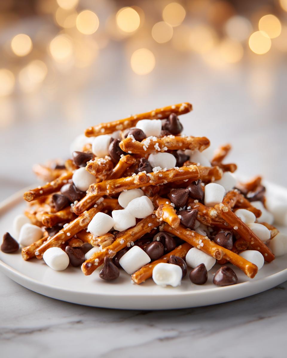 A pile of pretzel sticks mixed with mini marshmallows and chocolate chips, perfect for Thanksgiving treats for kids.