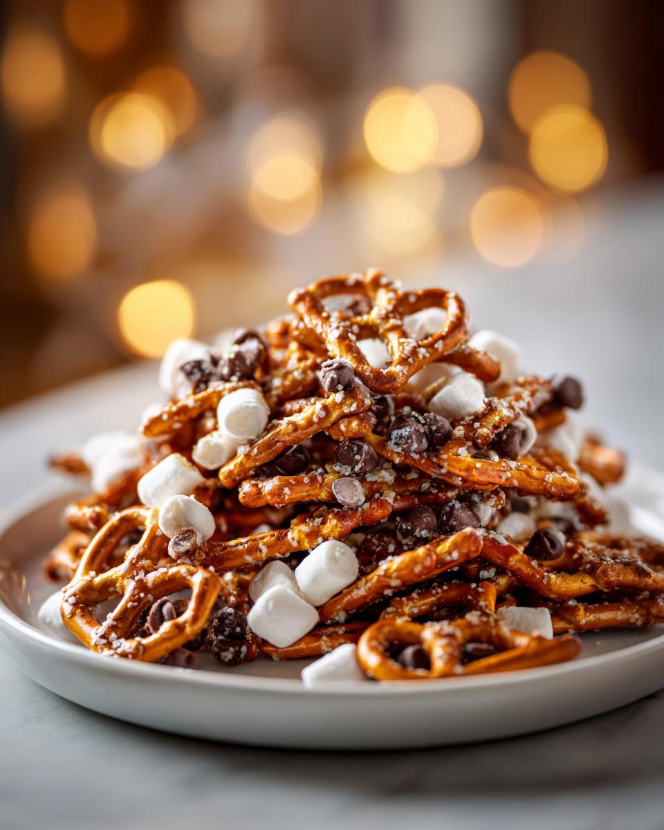 A pile of sweet and salty Thanksgiving treats for kids, made with pretzels, mini marshmallows, and chocolate chips.