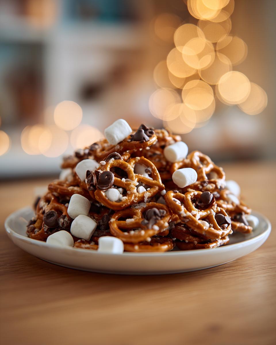 A pile of chocolate-covered pretzels with mini marshmallows, perfect for Thanksgiving treats for kids.
