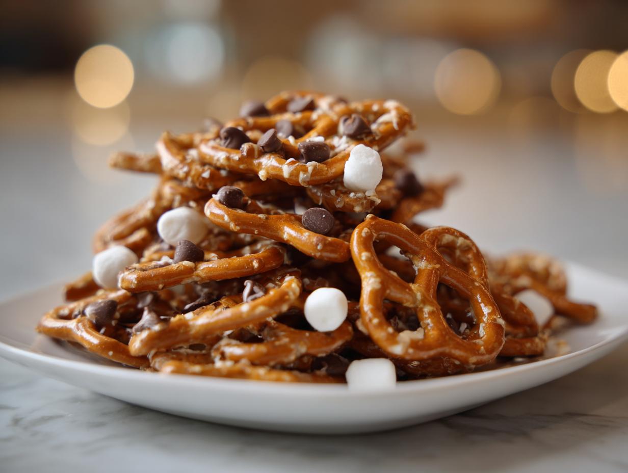 A pile of chocolate chip and marshmallow covered pretzels, perfect for Thanksgiving treats for kids.