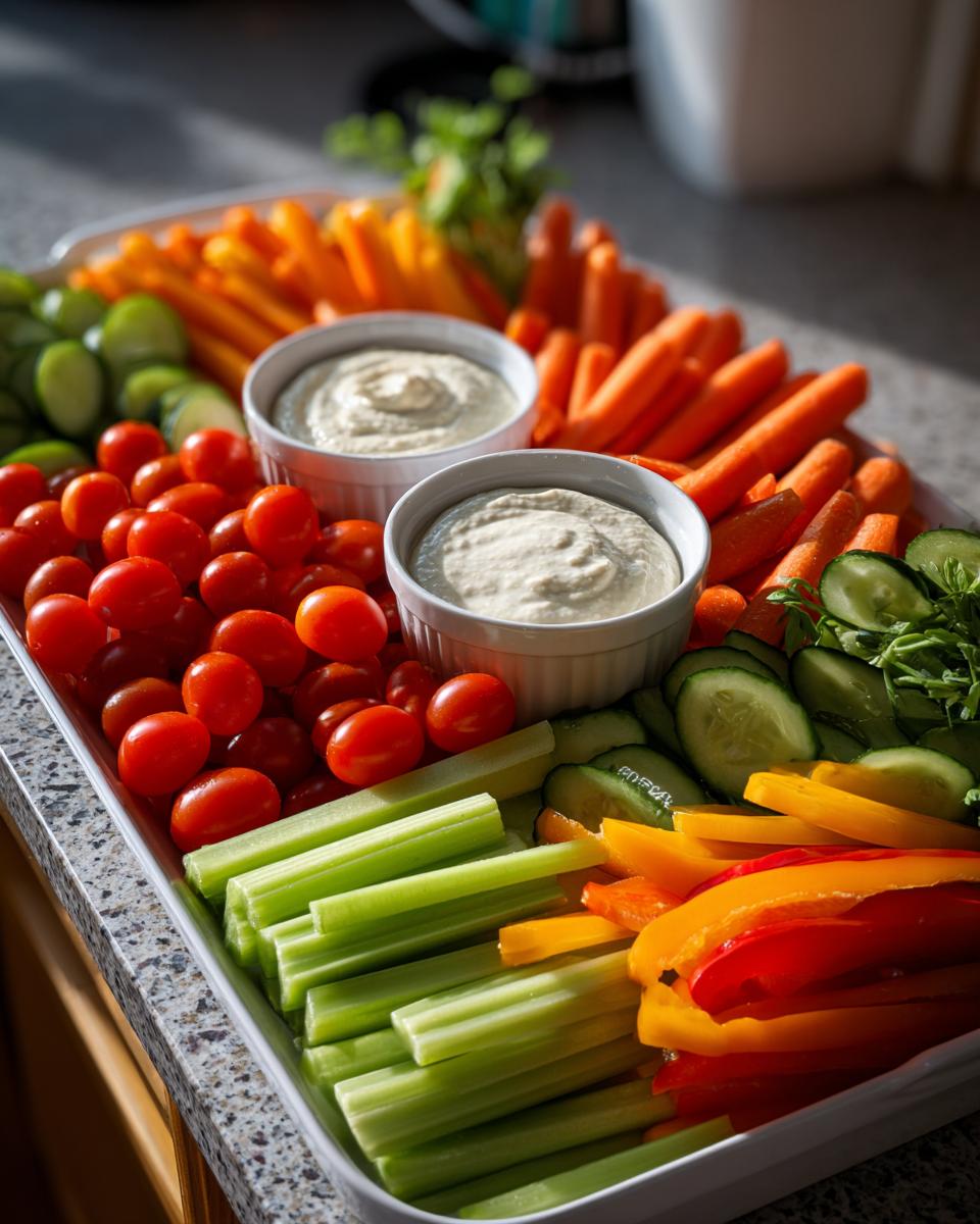 A vibrant Thanksgiving veggie tray filled with carrots, celery, cucumbers, tomatoes, and bell peppers surrounding two bowls of dip.