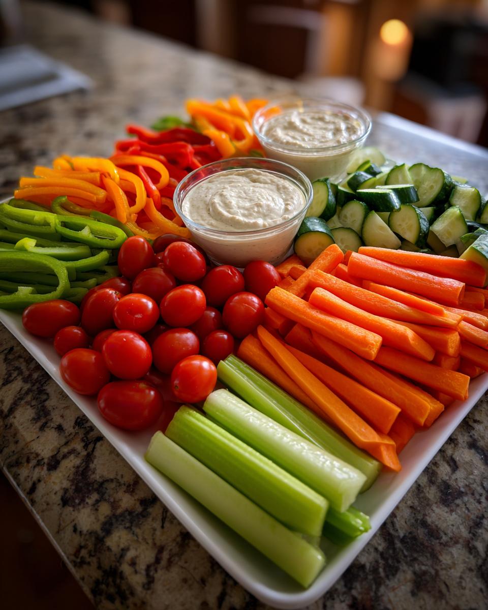 A colorful Thanksgiving veggie tray featuring sliced bell peppers, cherry tomatoes, carrots, celery, and cucumber with two bowls of dip.