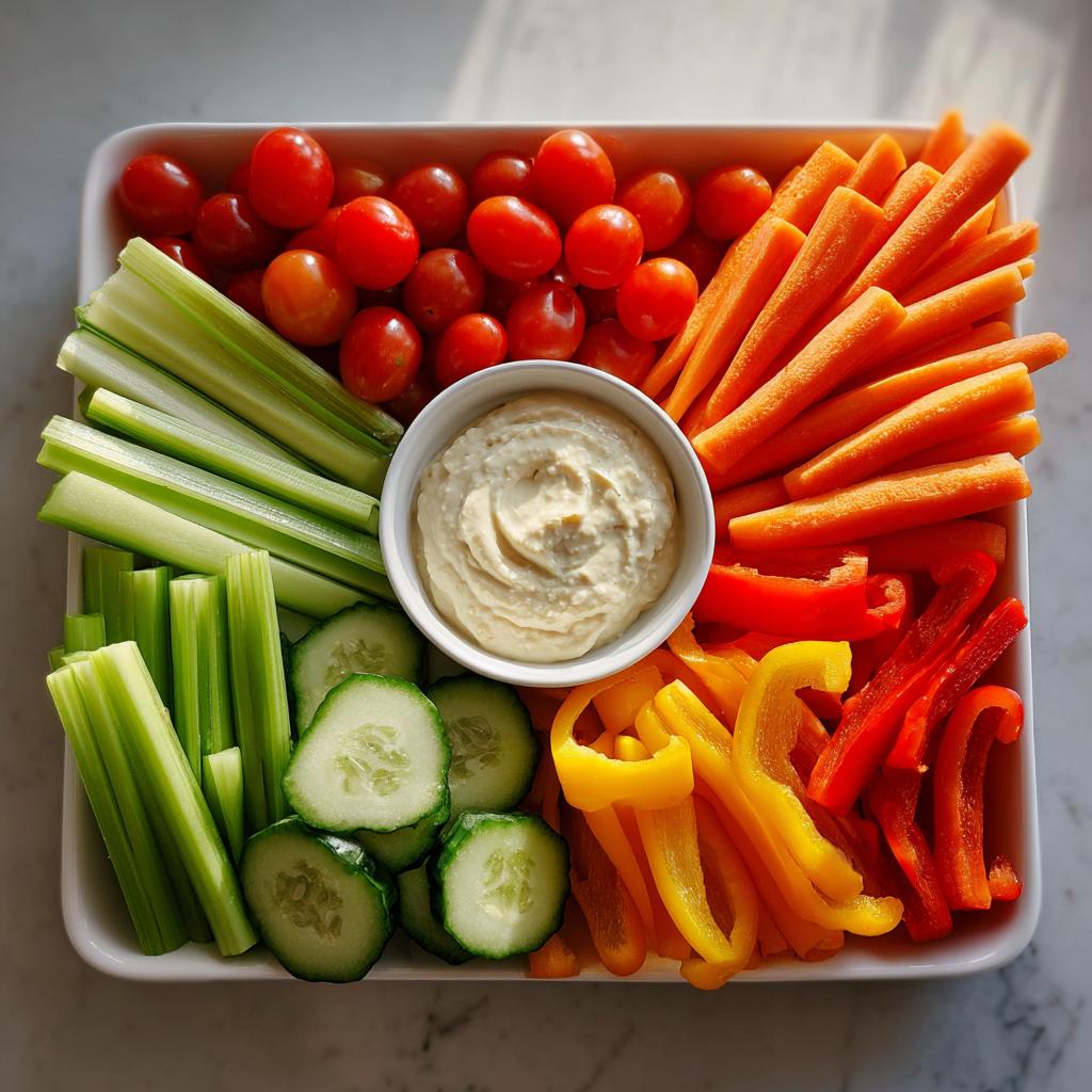 A vibrant Thanksgiving veggie tray featuring a variety of fresh vegetables like carrots, celery, cucumbers, bell peppers, and cherry tomatoes surrounding a bowl of hummus.