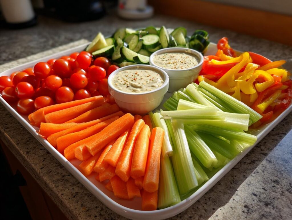 A colorful Thanksgiving veggie tray featuring carrots, celery, bell peppers, cherry tomatoes, and cucumber with two bowls of hummus.