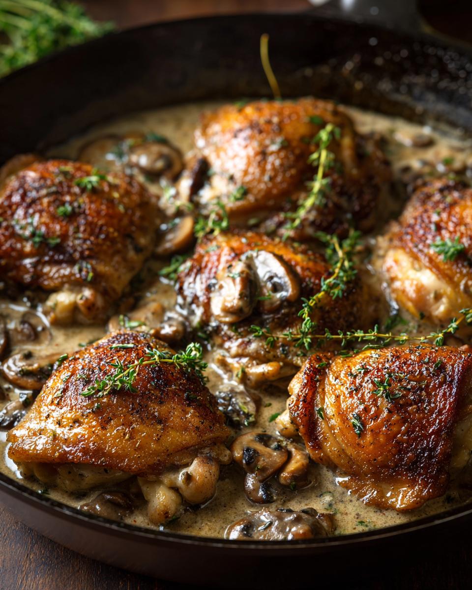 Golden brown chicken thighs simmered in a rich, creamy mushroom garlic sauce, garnished with fresh thyme.