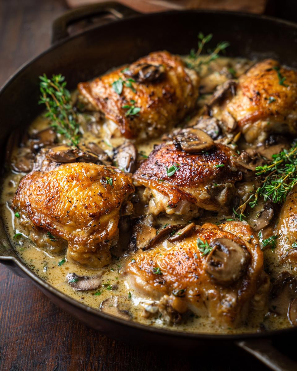 Close-up of juicy weeknight chicken thighs with creamy mushroom garlic sauce and fresh thyme.