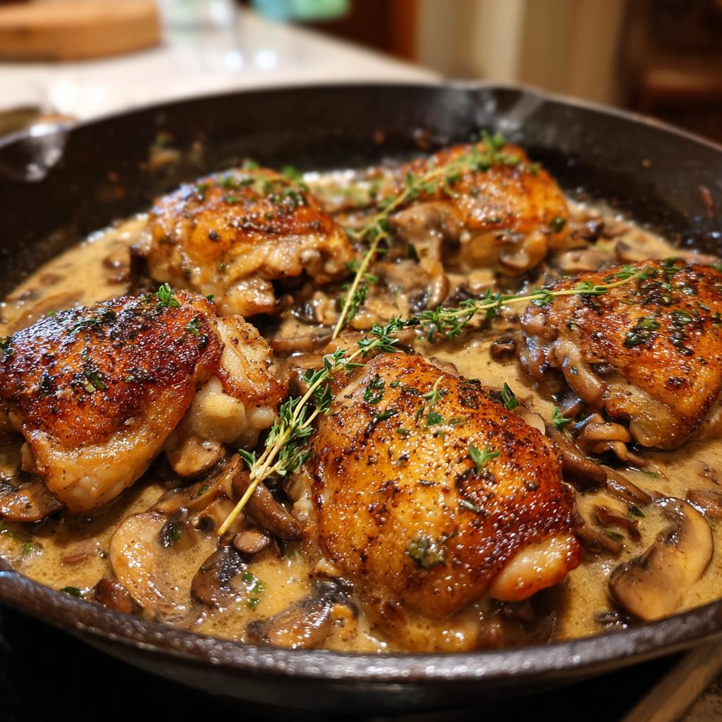 Four golden-brown weeknight chicken thighs simmered in a creamy mushroom garlic sauce, garnished with fresh thyme.