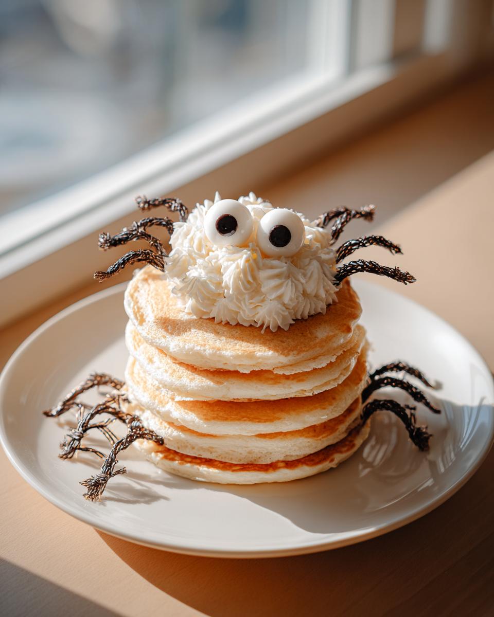 Stack of pancakes decorated as a spider with whipped cream, candy eyes, and licorice legs for a fun weeknight Halloween breakfast.