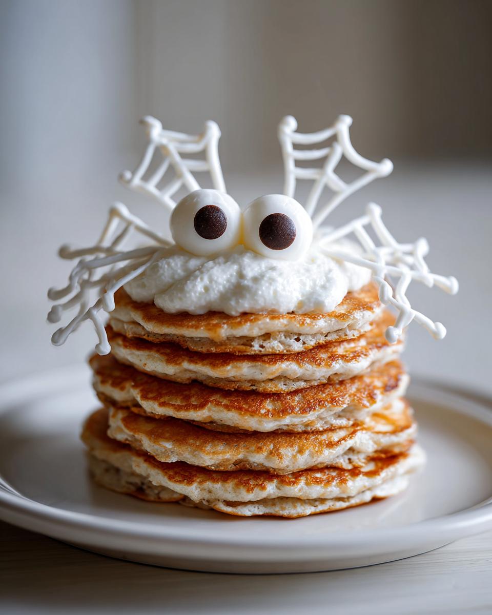 Stack of pancakes decorated as a spider with whipped cream, candy eyes, and white icing spiderwebs for a fun weeknight Halloween breakfast idea for kids.