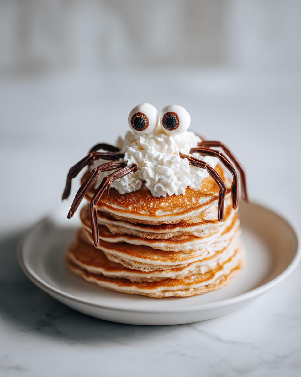Stack of pancakes decorated as a spider with whipped cream, candy eyes, and chocolate legs for a fun weeknight Halloween breakfast idea for kids.