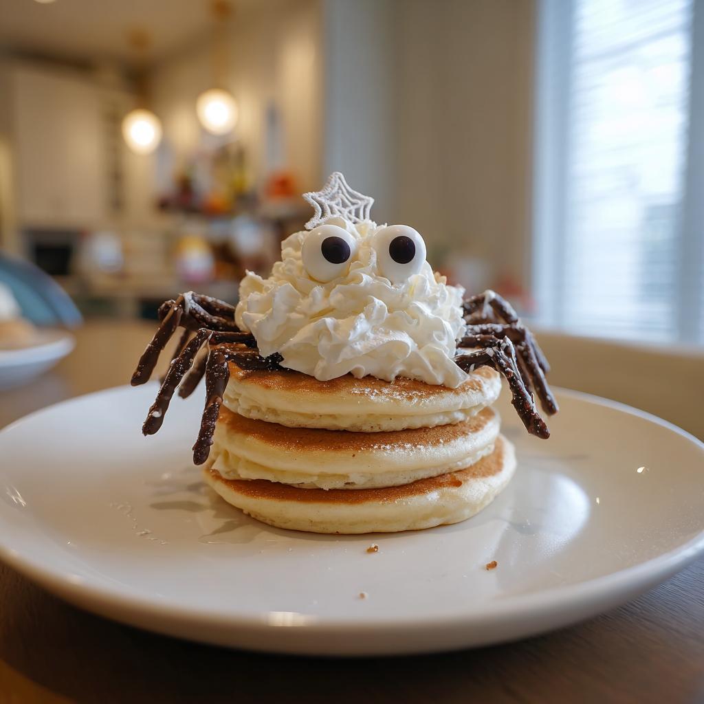 Stack of three Halloween pancakes decorated as a spider with whipped cream, candy eyes, and chocolate legs.