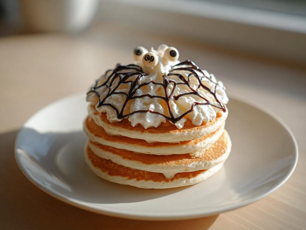 Stack of fluffy pancakes decorated with whipped cream, chocolate spiderweb, and candy eyes for a fun weeknight Halloween breakfast.