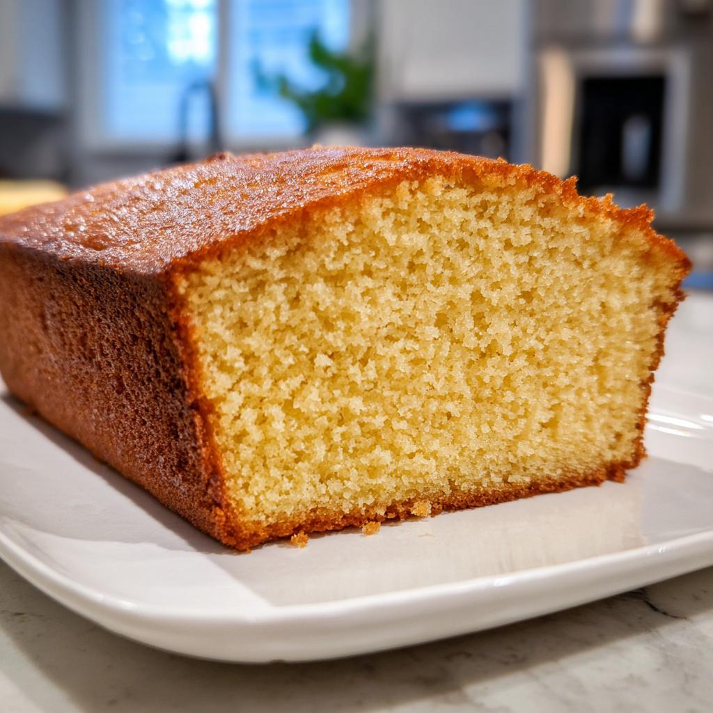 A close-up of a slice of moist 2-layer vanilla cake, showcasing its tender crumb and golden-brown crust.