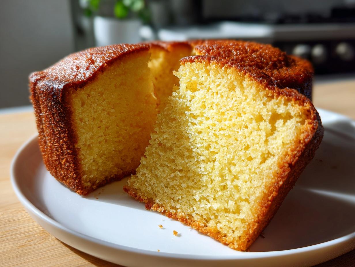 A slice of moist and fluffy 2-layer vanilla cake with a golden-brown crust, perfect for cake recipes.