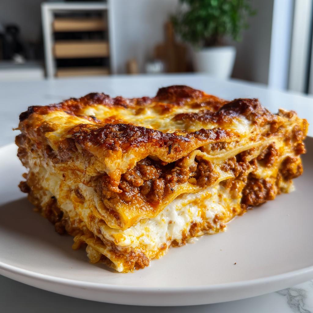 A generous slice of 3-cheese lasagna with rich meat sauce and melted cheese, ready to be served.