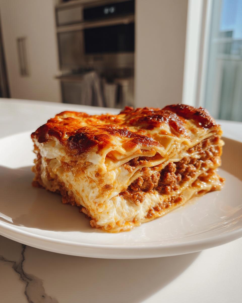 A mouthwatering slice of 3-cheese lasagna, featuring layers of pasta, rich meat sauce, and creamy cheese.