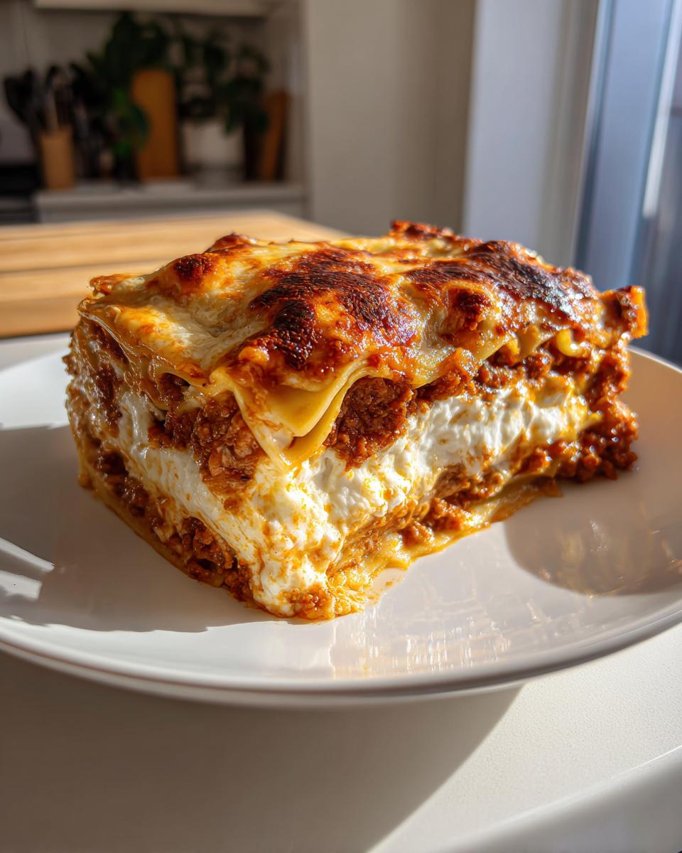 A generous slice of 3-cheese lasagna, showcasing layers of rich meat sauce, creamy cheese filling, and golden-brown baked pasta.