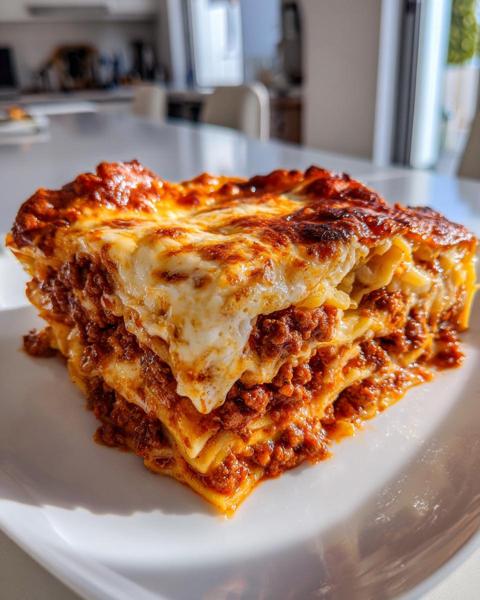 A mouthwatering slice of 3-cheese lasagna, featuring layers of pasta, rich meat sauce, and melted cheese.
