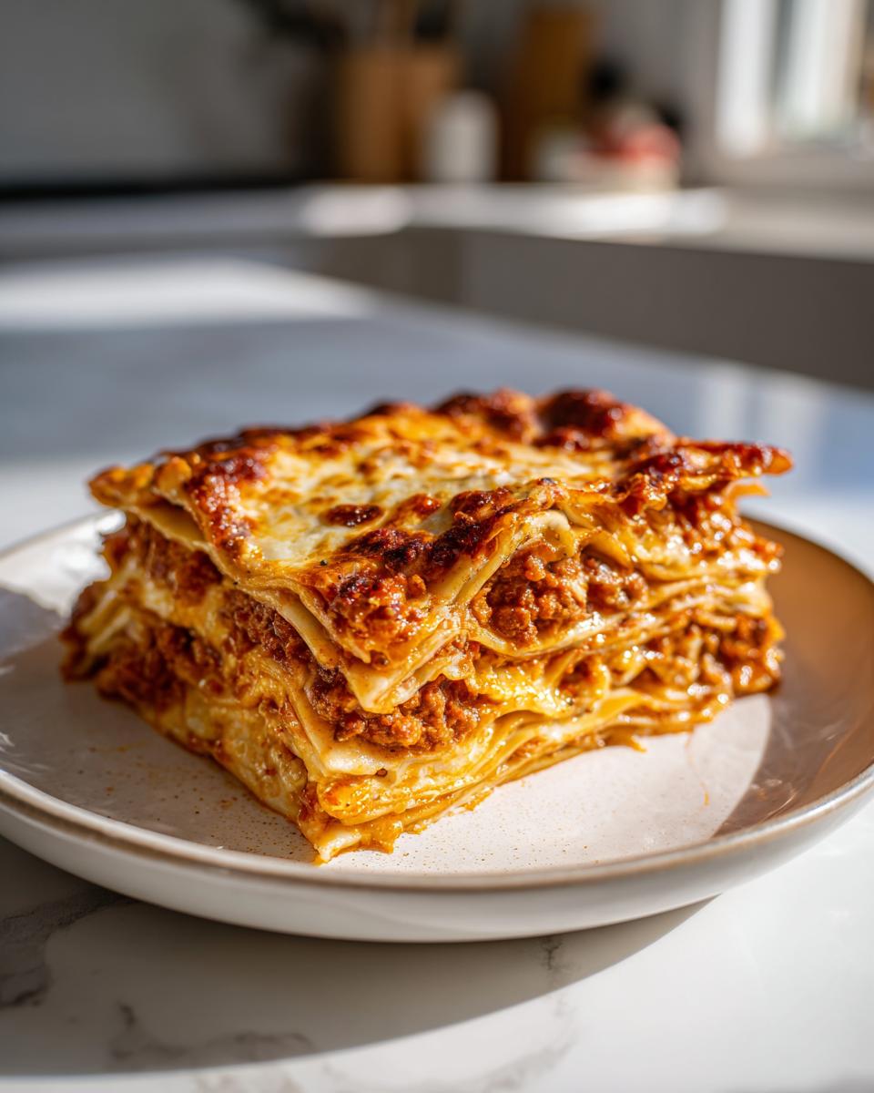 A generous slice of 3-cheese lasagna, showcasing layers of pasta, rich meat sauce, and melted cheese.