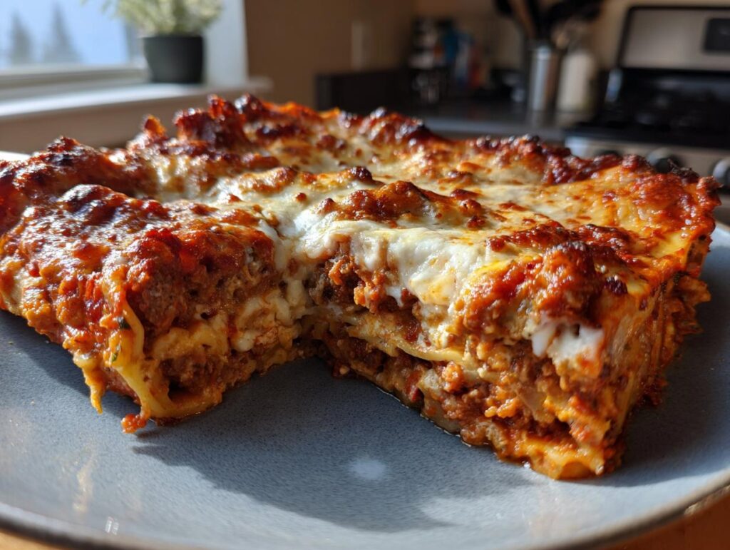 A close-up of a hearty slice of 3-cheese lasagna, featuring layers of pasta, rich meat sauce, and melted cheese.