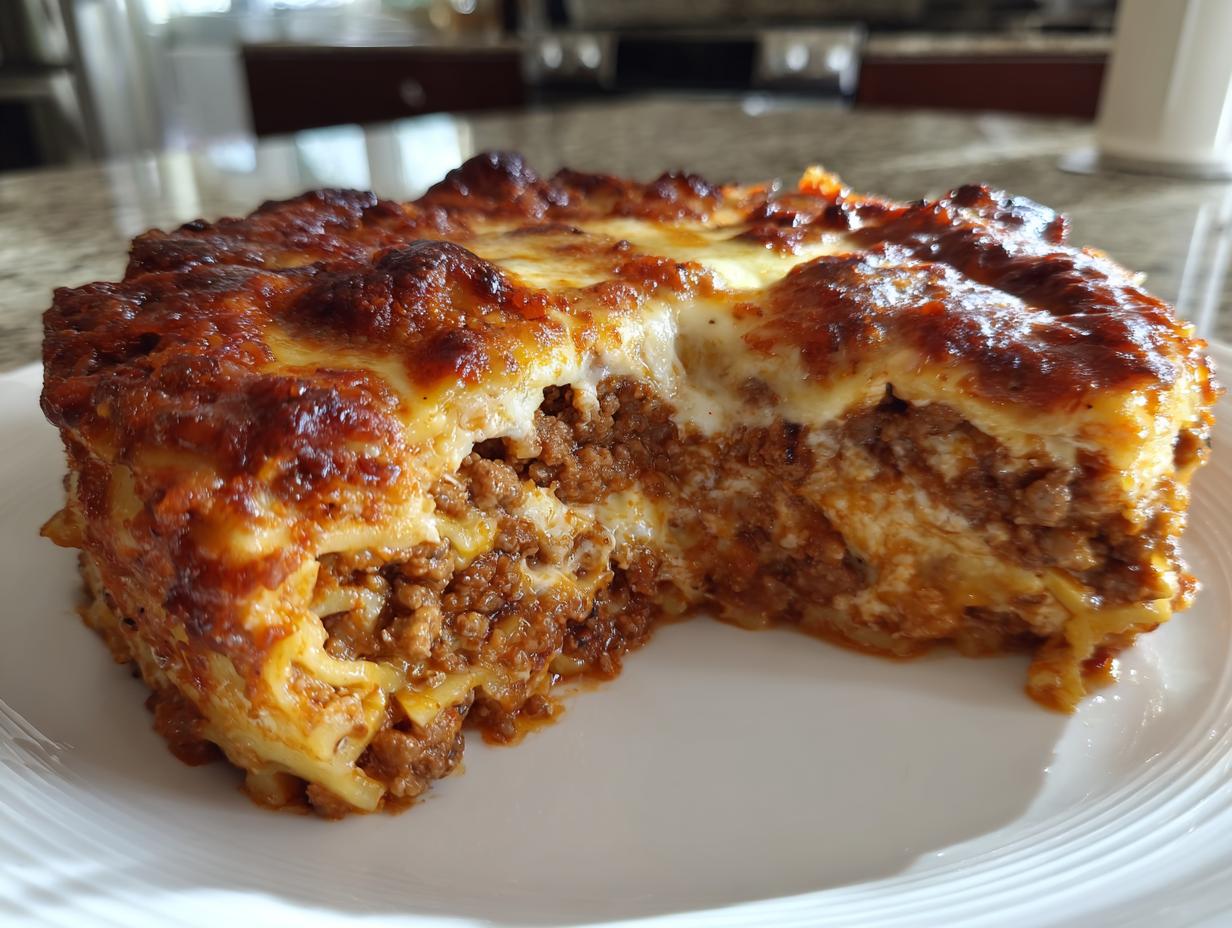 A close-up of a hearty slice of 3-cheese lasagna, featuring layers of pasta, rich meat sauce, and melted cheese.