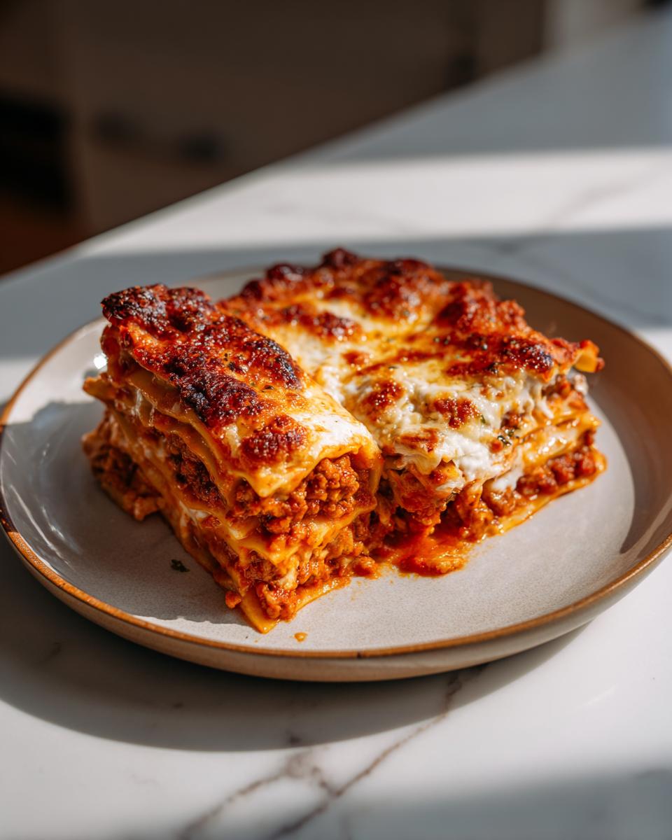 A close-up of two hearty slices of 3-cheese lasagna, showcasing layers of pasta, rich meat sauce, and melted cheese.