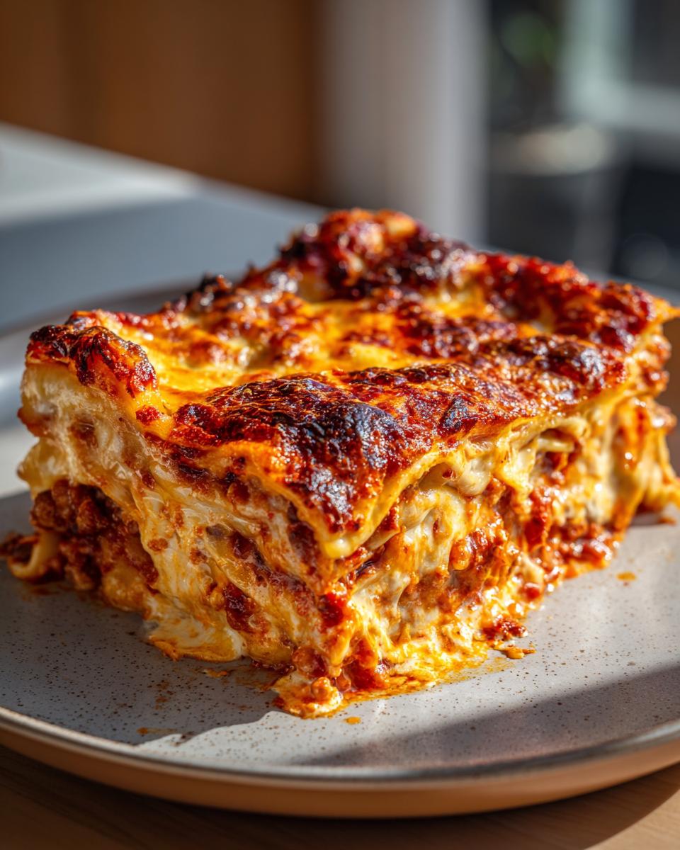 A close-up of a hearty slice of 3-cheese lasagna, with layers of pasta, rich meat sauce, and melted cheese.