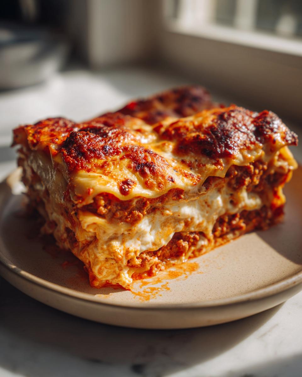 A close-up of a hearty slice of 3-cheese lasagna, featuring layers of pasta, rich meat sauce, and creamy cheese.