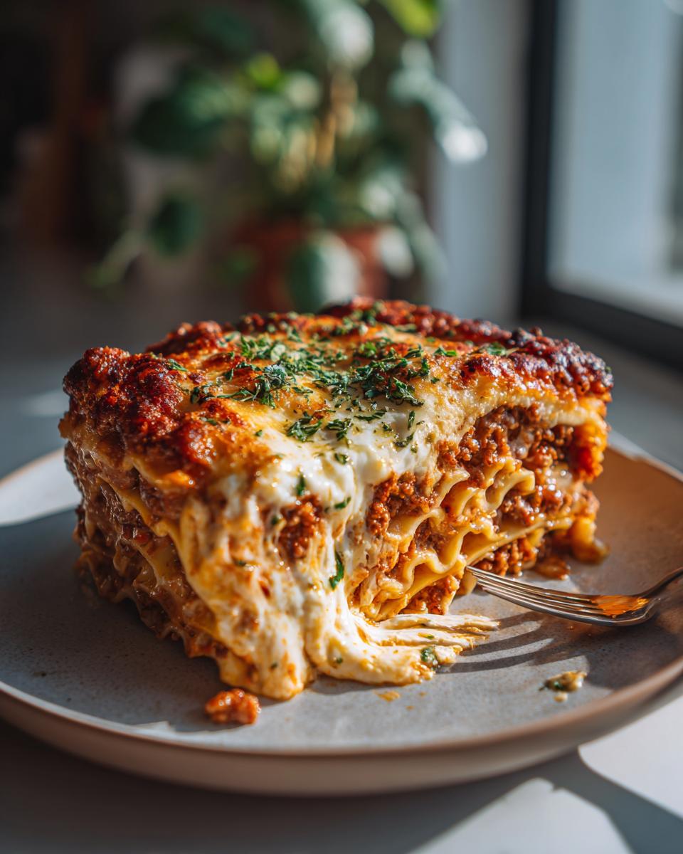 A hearty slice of 3-cheese lasagna with rich meat sauce and melted cheese, garnished with parsley.