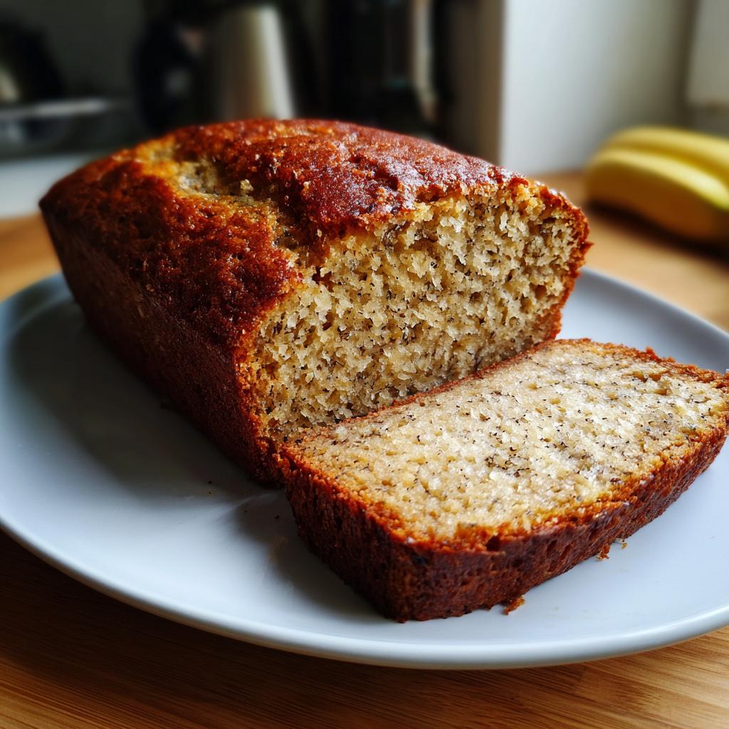 A close-up of a freshly baked 3-ingredient banana bread loaf with one slice cut and placed on a plate.