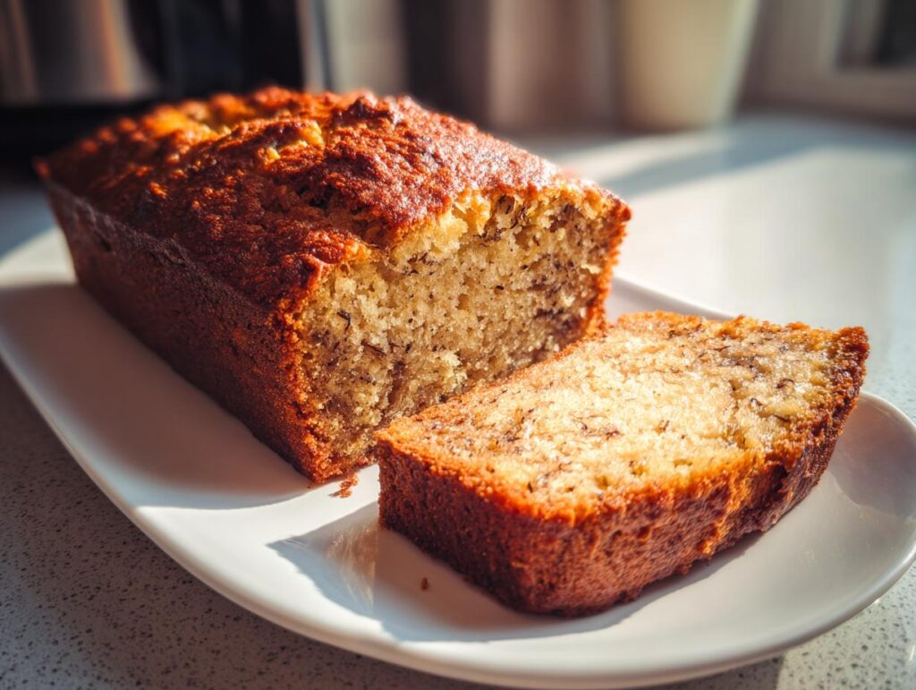 A slice of moist, golden-brown 3-ingredient banana bread on a white plate, with the rest of the loaf in the background.