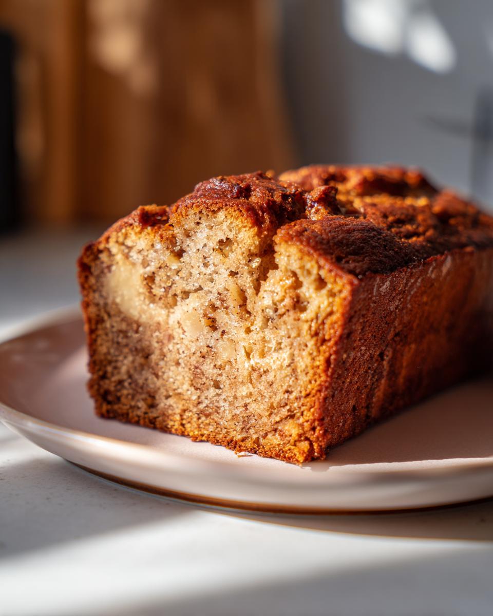 A close-up shot of a slice of moist 3-ingredient banana bread on a pink plate.