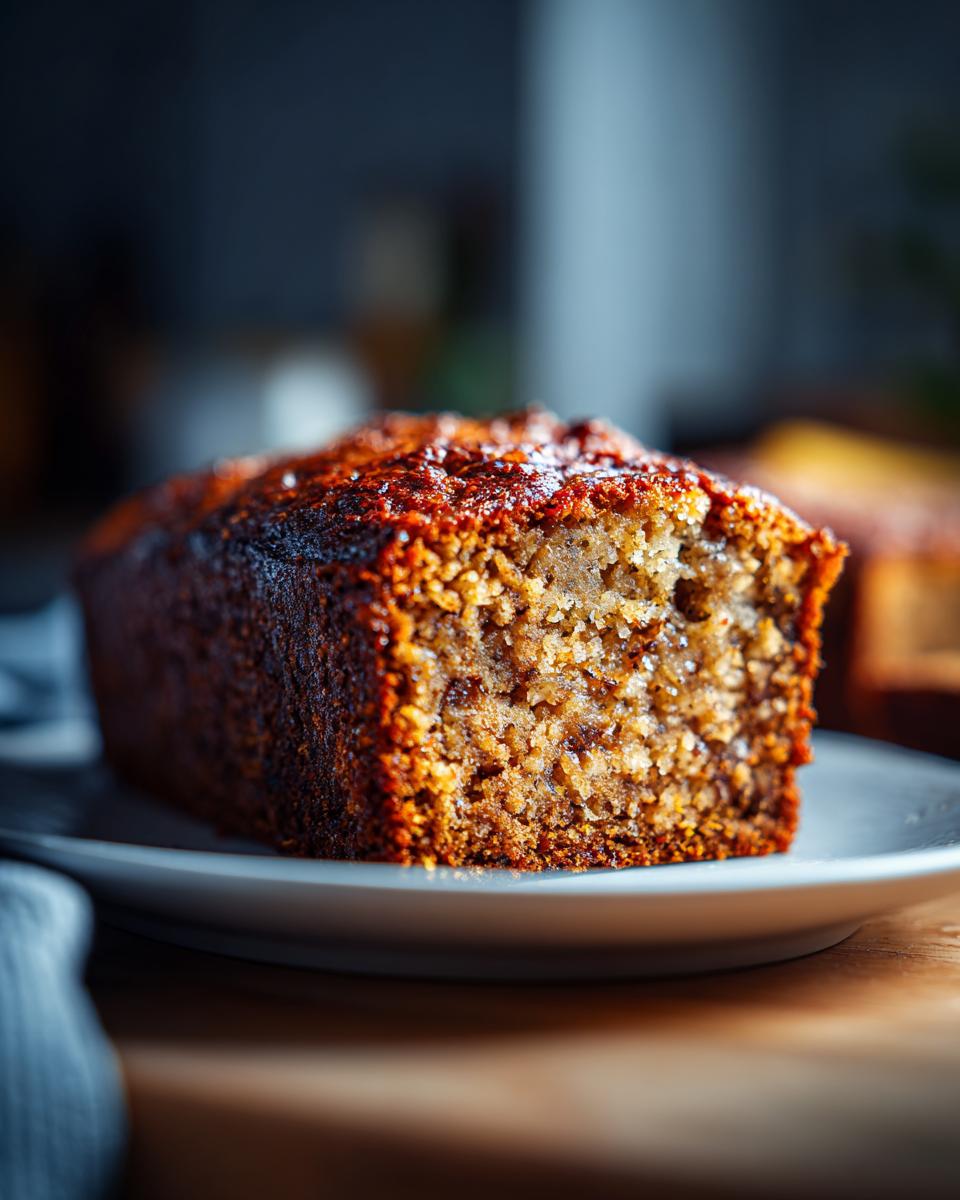 A close-up of a moist slice of 3-ingredient banana bread on a white plate.