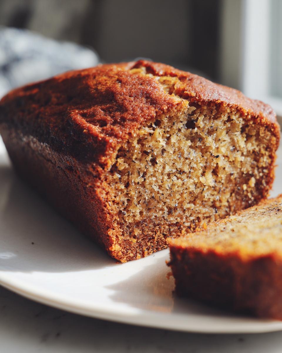 A close-up of a slice of moist 3-ingredient banana bread on a white plate, showing its tender crumb.
