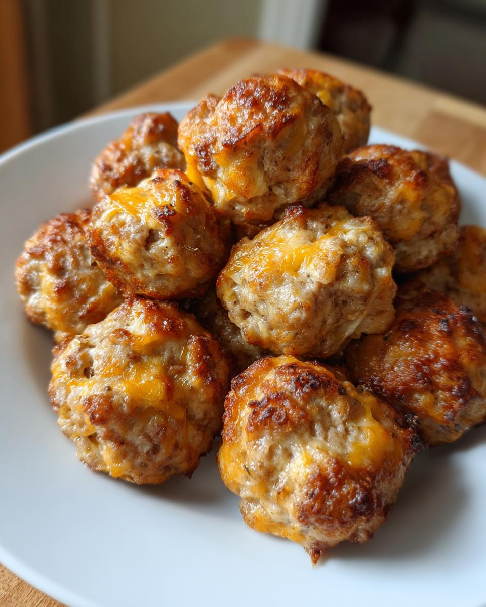 A close-up shot of a pile of golden-brown sausage balls with melted cheese.
