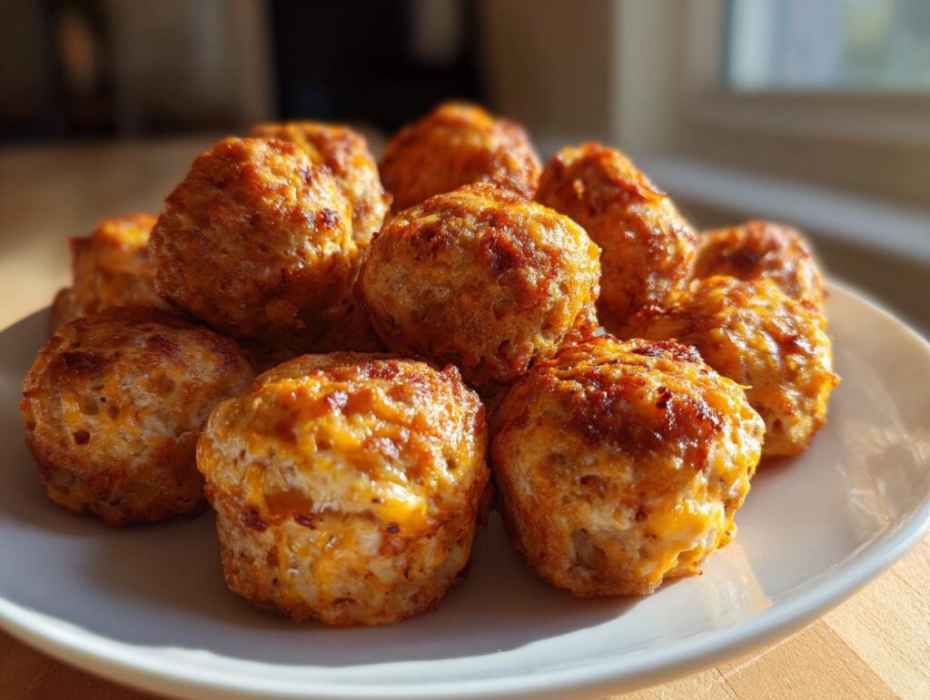 A close-up shot of a pile of golden-brown, cheesy sausage balls on a white plate.