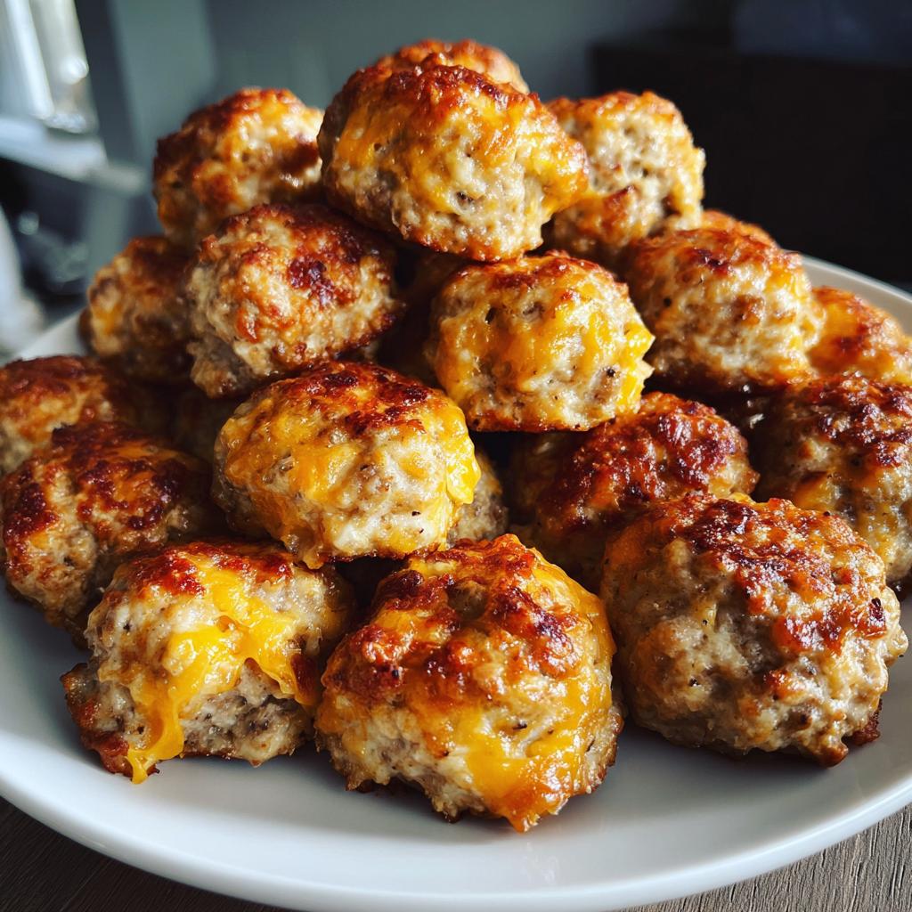 A close-up, stacked pile of golden-brown, cheesy sausage balls on a white plate.