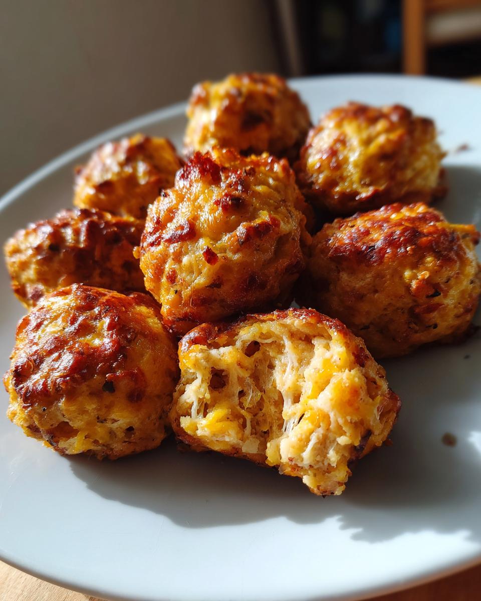 A close-up of golden brown, baked sausage balls on a white plate, with one broken open to show the cheesy interior.