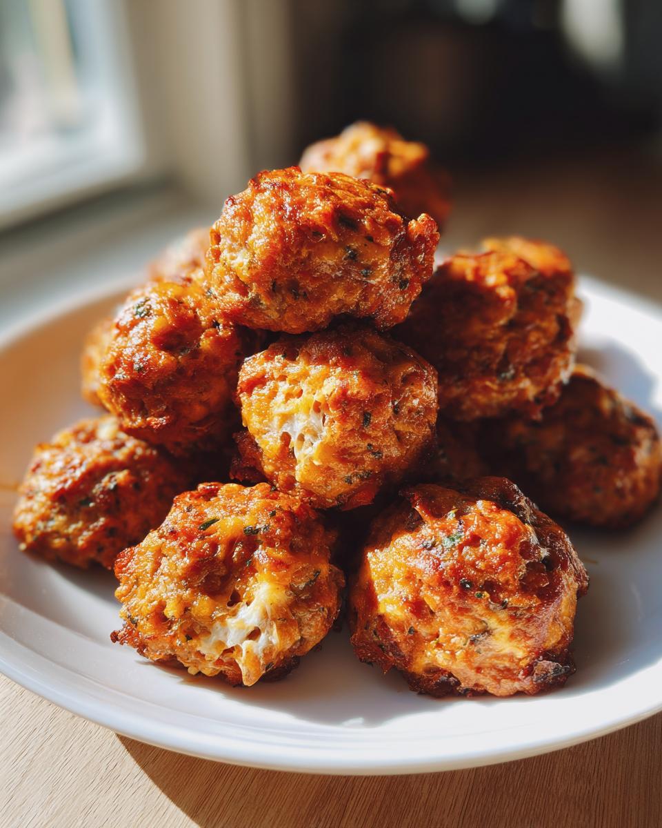 A close-up of a stack of golden brown, freshly baked 3-ingredient sausage balls on a white plate.