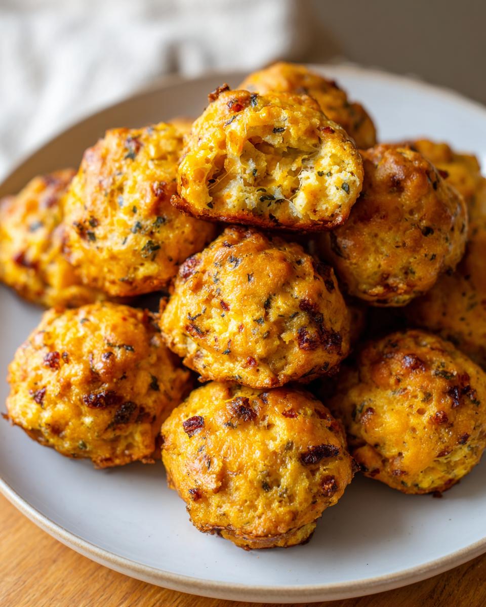 A close-up of a stack of golden brown 3-ingredient sausage balls, one is broken open showing the cheesy interior.