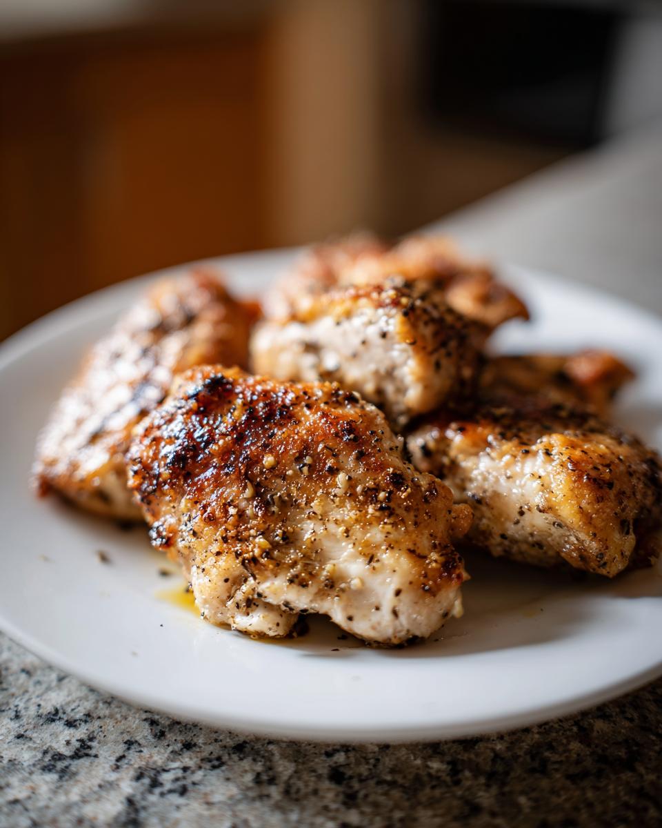 Close-up of several juicy chicken breast pieces seasoned with pepper and herbs, cooked in an air fryer.