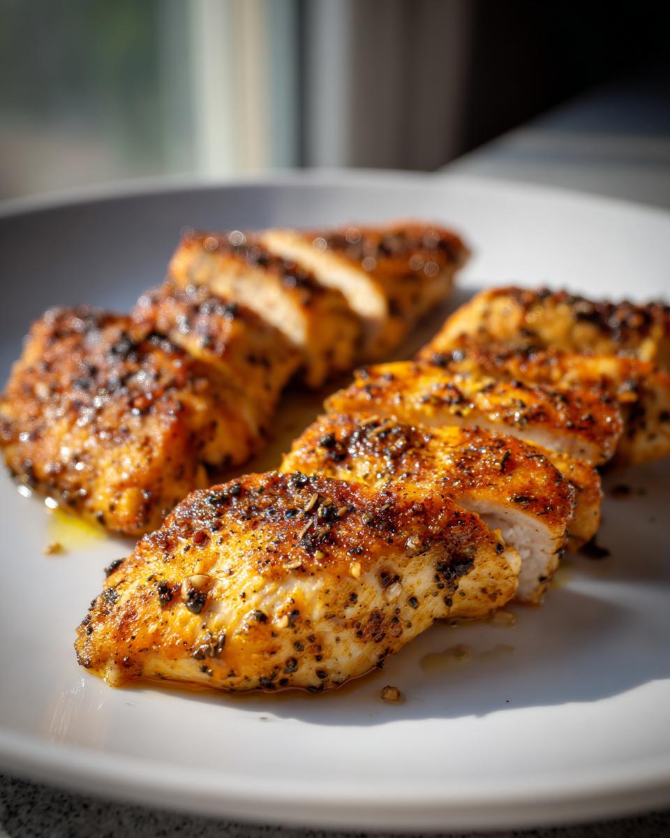 Close-up of sliced, seasoned chicken breast cooked in an air fryer, showcasing a golden-brown crust and juicy interior.