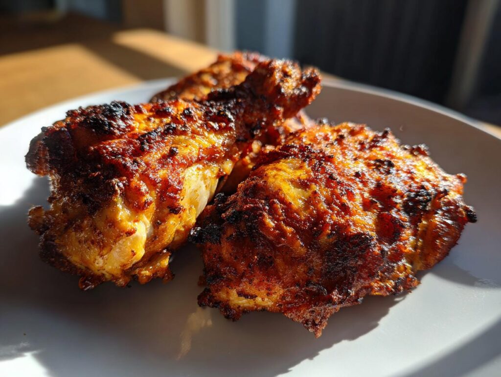 Close-up of perfectly crispy air fryer chicken pieces seasoned and cooked to a golden brown.
