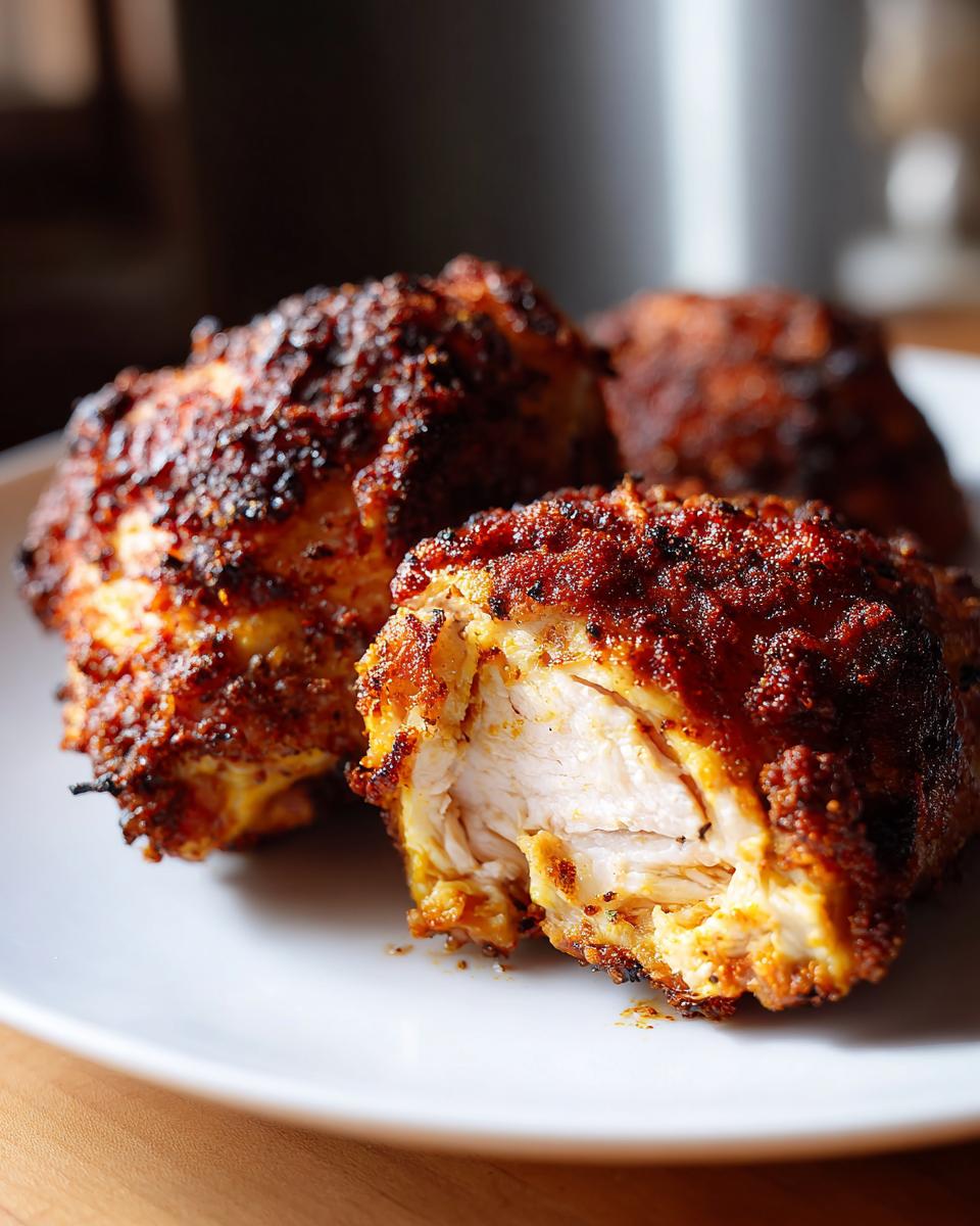 Close-up of juicy, crispy air fryer chicken pieces seasoned with a reddish spice blend on a white plate.