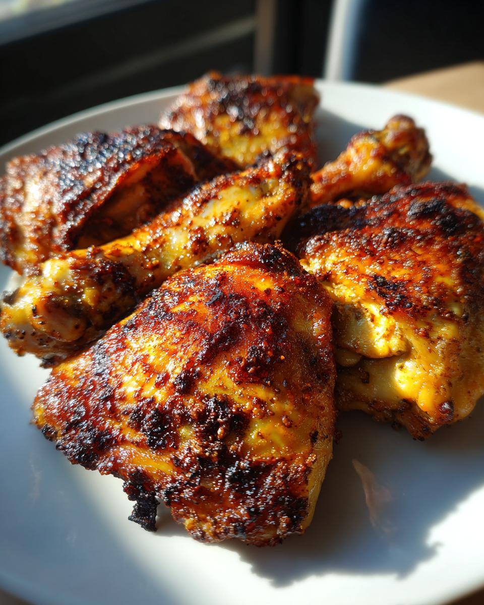 Close-up of a plate filled with perfectly crispy air fryer chicken pieces, seasoned and golden brown.