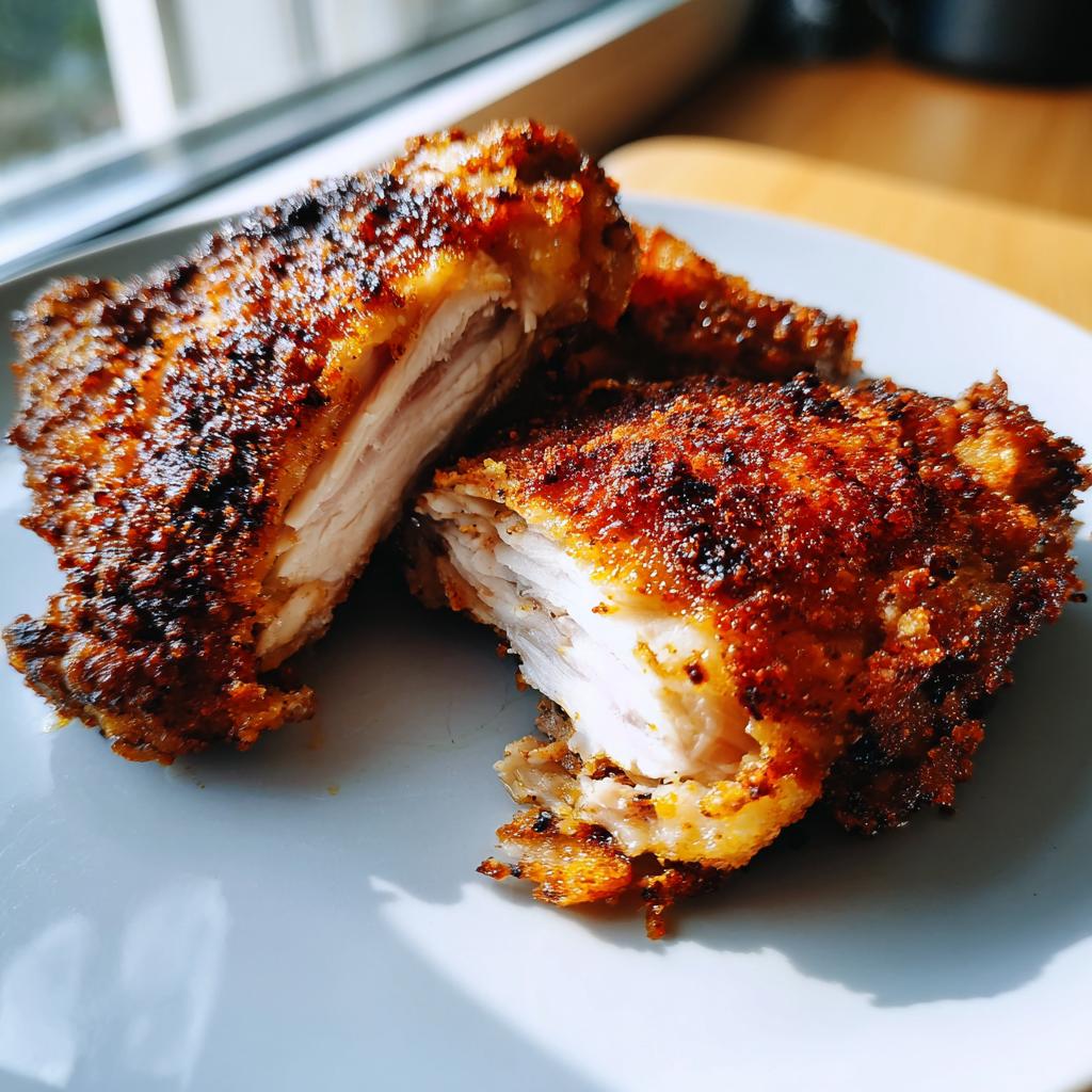 Close-up of a perfectly crispy air fryer chicken recipe, cut in half to show juicy white meat inside.