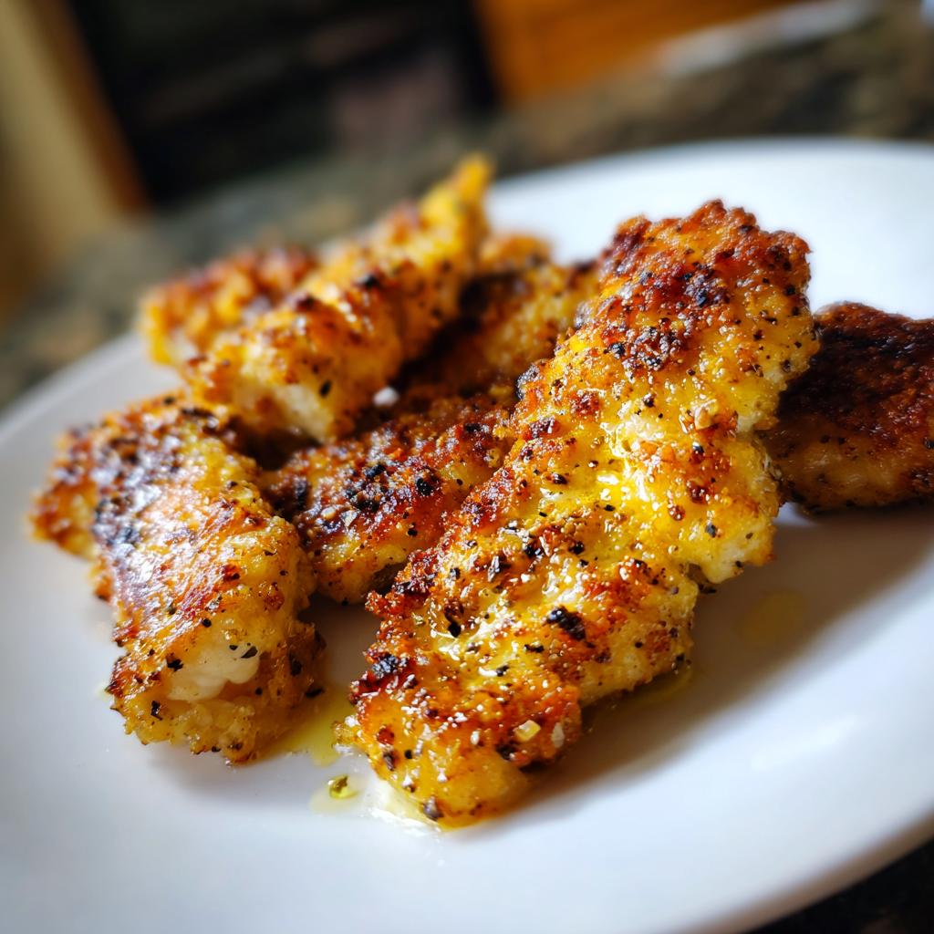 Close-up of golden-brown, crispy air fryer chicken strips seasoned with pepper on a white plate.