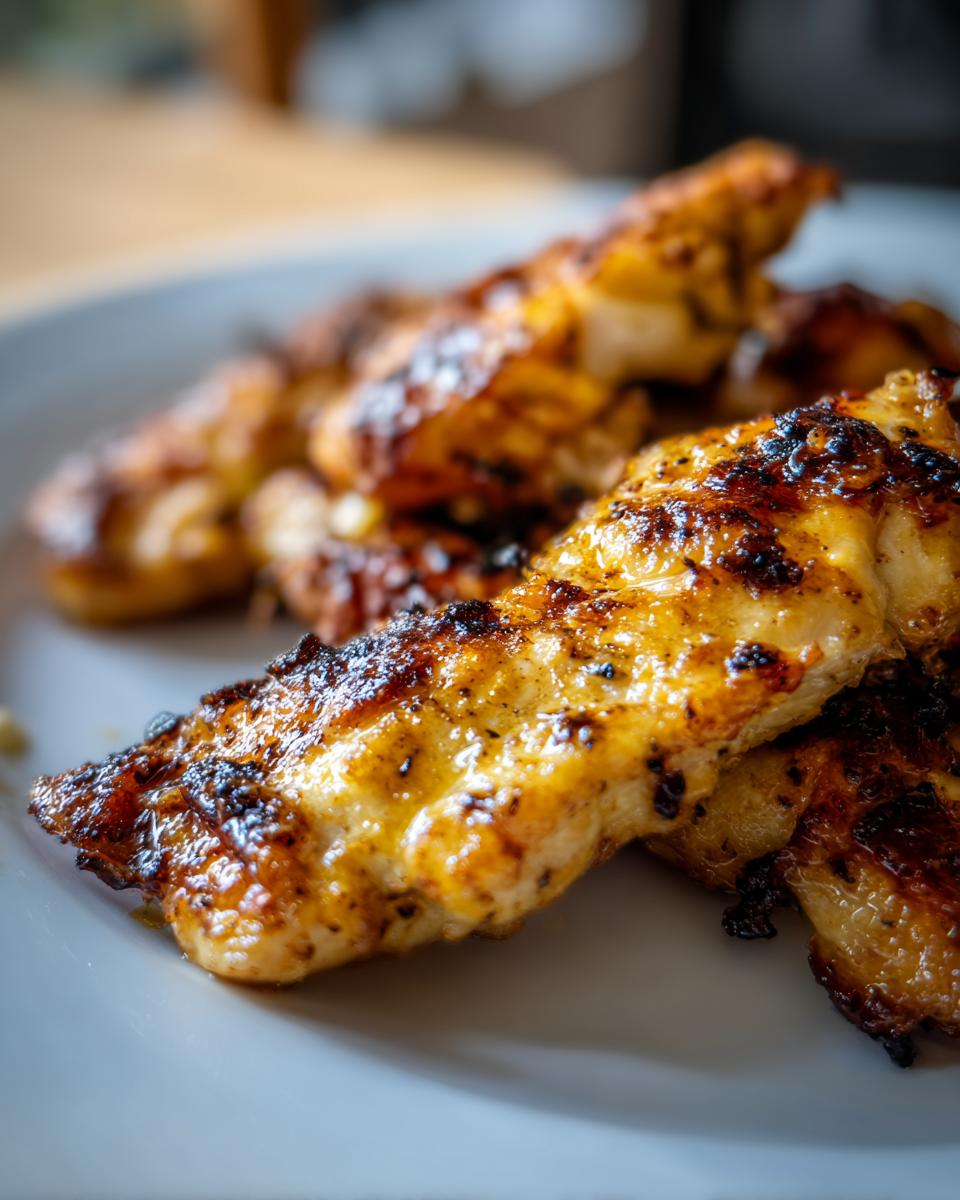 Close-up of perfectly cooked, golden-brown air fryer chicken strips on a white plate.